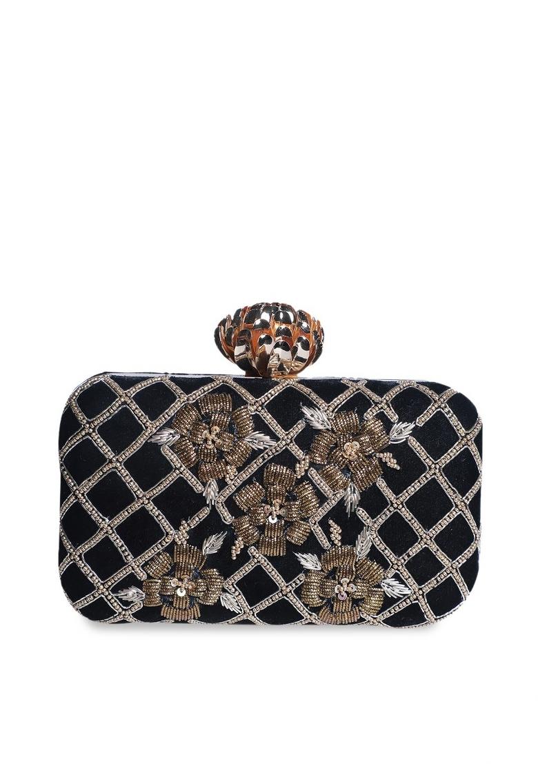 Black Gold Toned Embellished Box Clutch - Indya