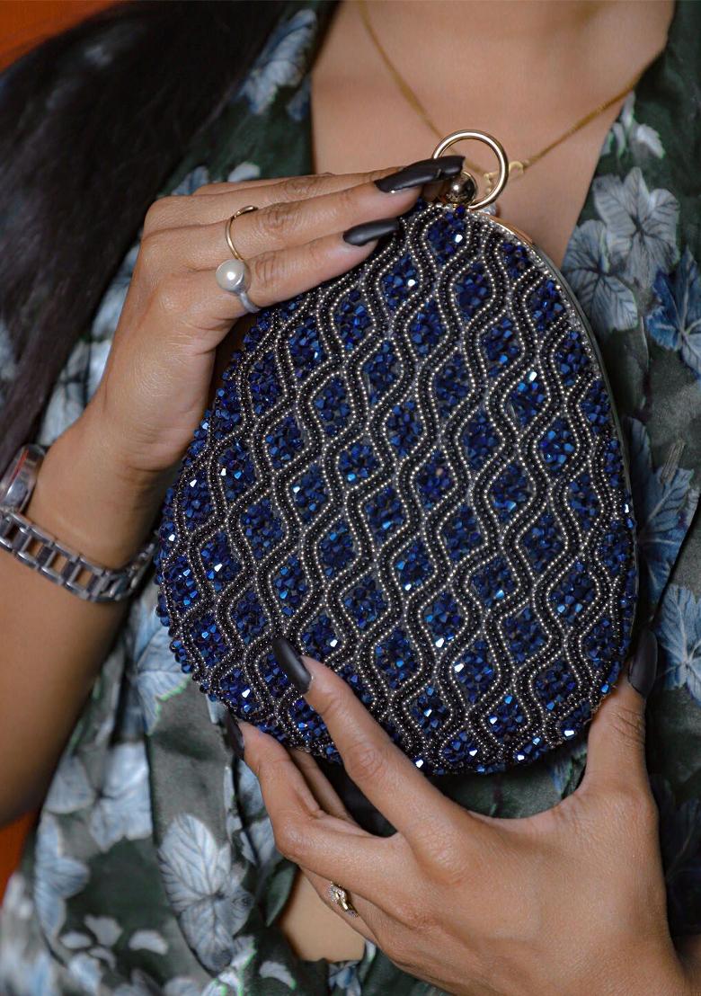Blue Embellished Box Clutch - Indya