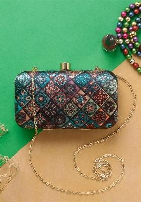 Ethnic Motif Printed Box Clutch With Sling Strap