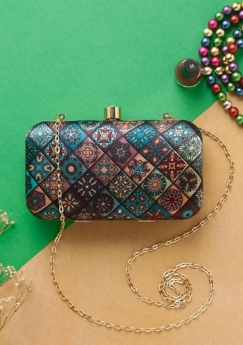 Ethnic Motif Printed Box Clutch With Sling Strap