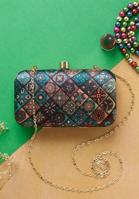 Ethnic Motif Printed Box Clutch With Sling Strap