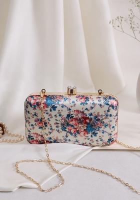White Blue Printed Box Clutch
