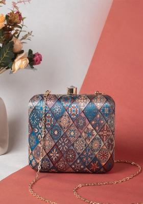 Blue Brown Printed Box Clutch