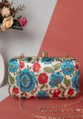 Beige Red Floral Printed Box Clutch