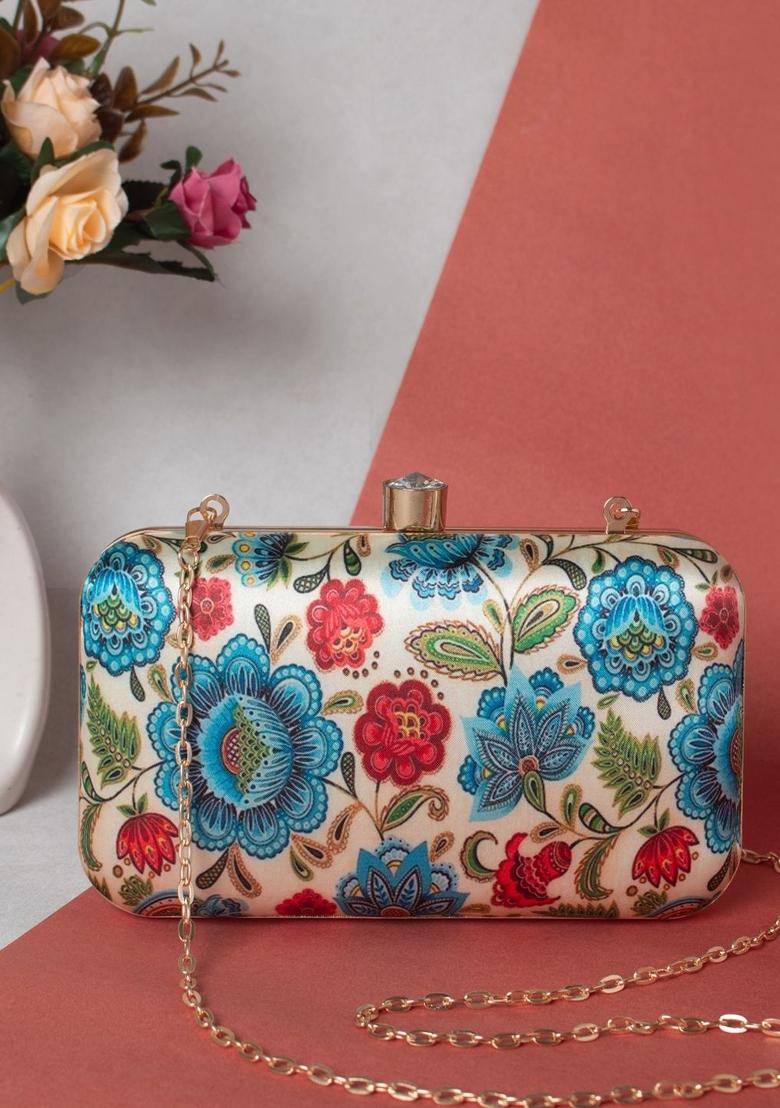 Beige Red Floral Printed Box Clutch