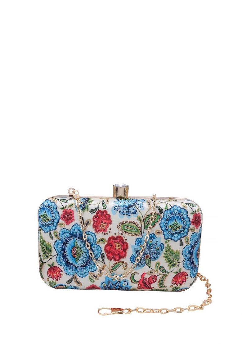 Beige Red Floral Printed Box Clutch