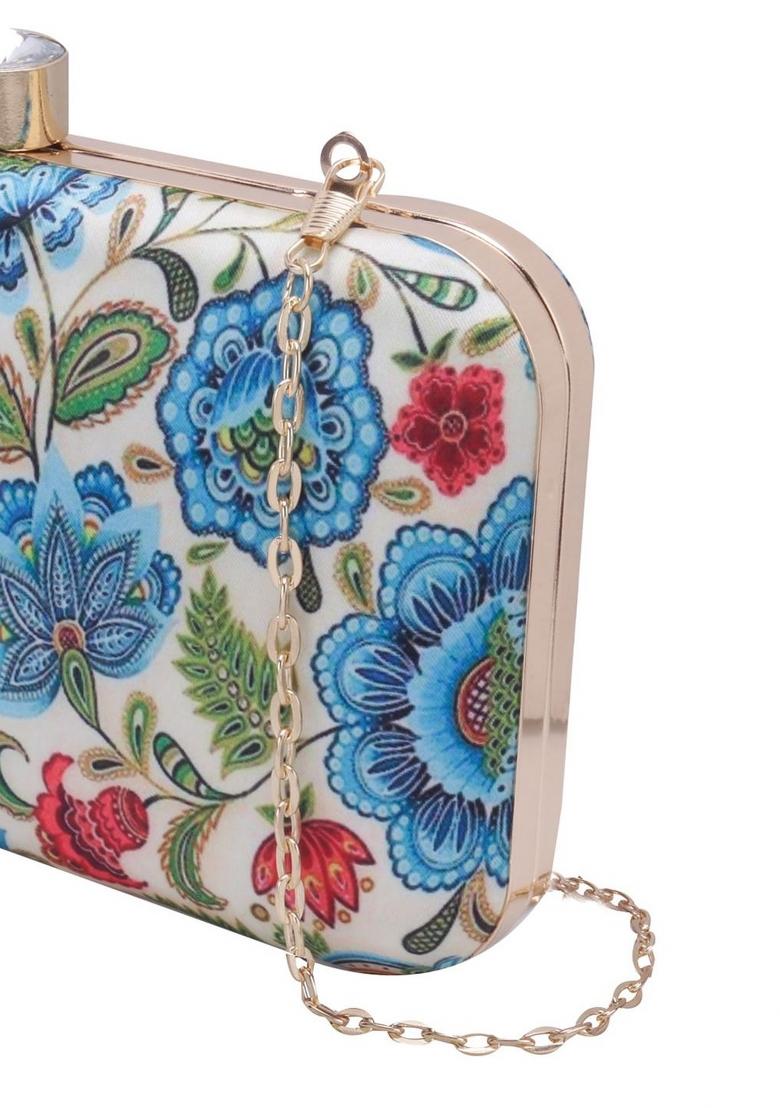 Beige Red Floral Printed Box Clutch