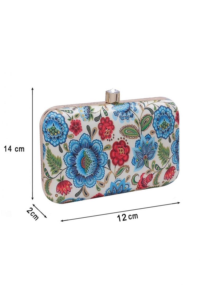 Beige Red Floral Printed Box Clutch