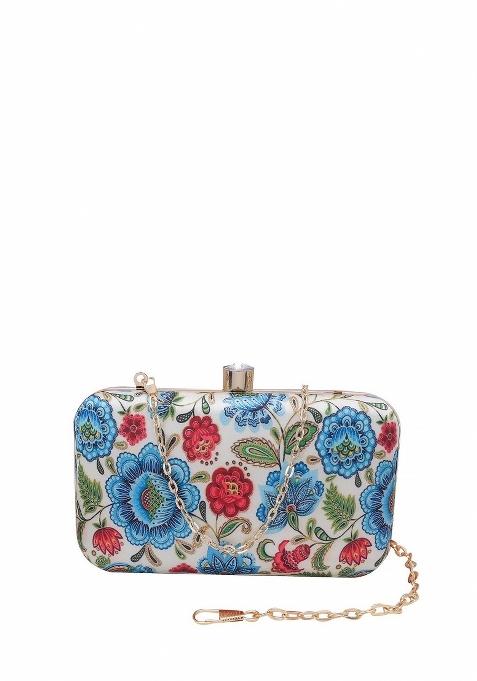 Beige Red Floral Printed Box Clutch