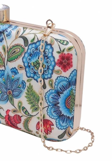 Beige Red Floral Printed Box Clutch