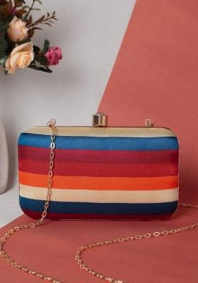 Beige Blue Colourblocked Box Clutch