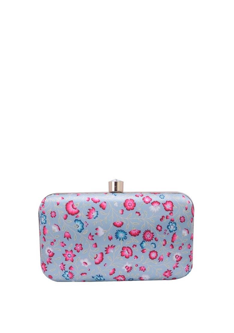 Blue Pink Printed Box Clutch - Indya
