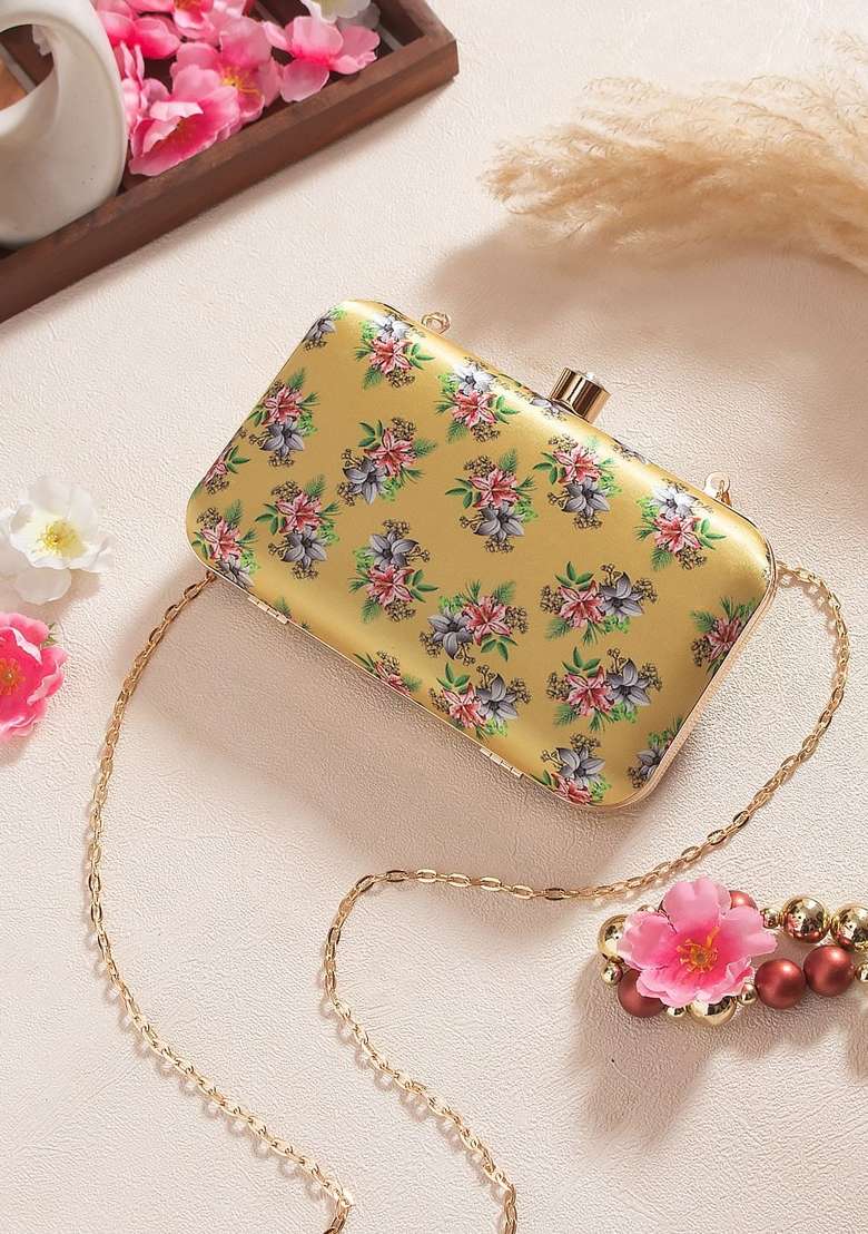 Cream Coloured Pink Printed Box Clutch - Indya