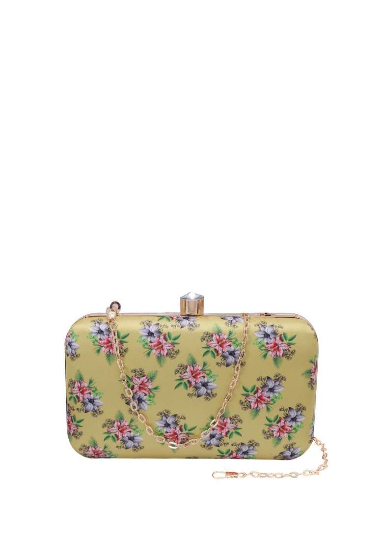Cream Coloured Pink Printed Box Clutch - Indya