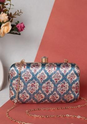 Blue Beige Printed Box Clutch