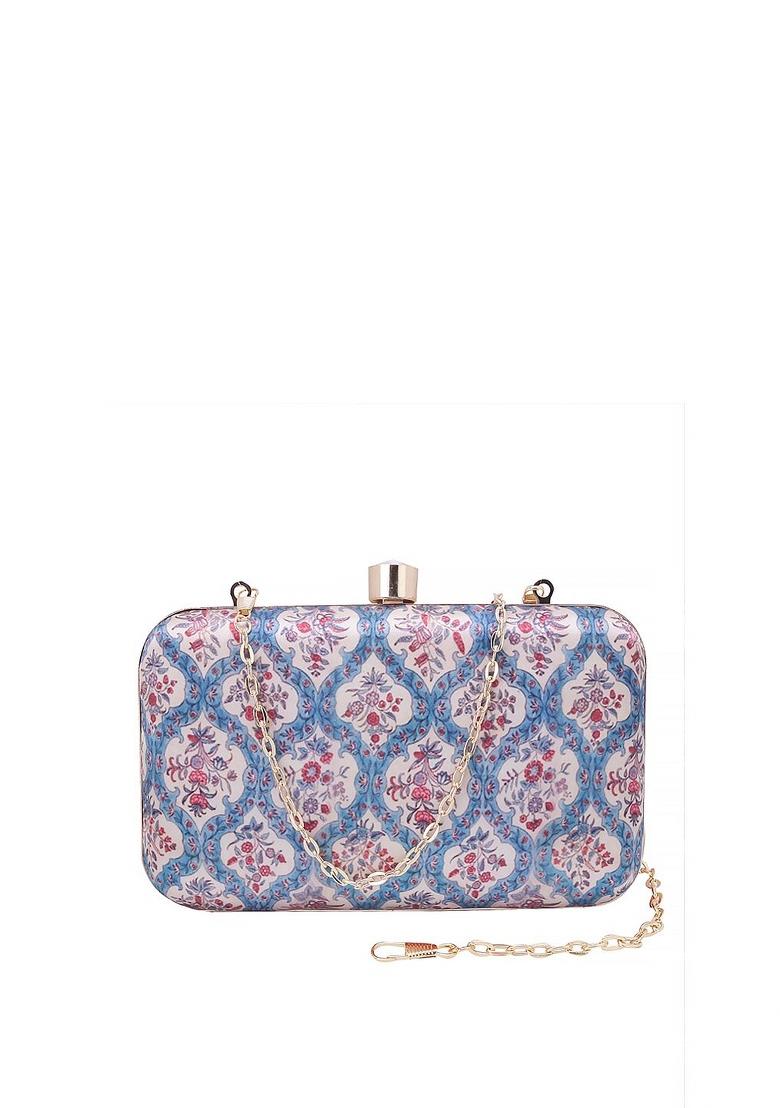 Blue Beige Printed Box Clutch - Indya