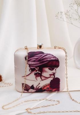 Cream Coloured Pink Printed Box Clutch