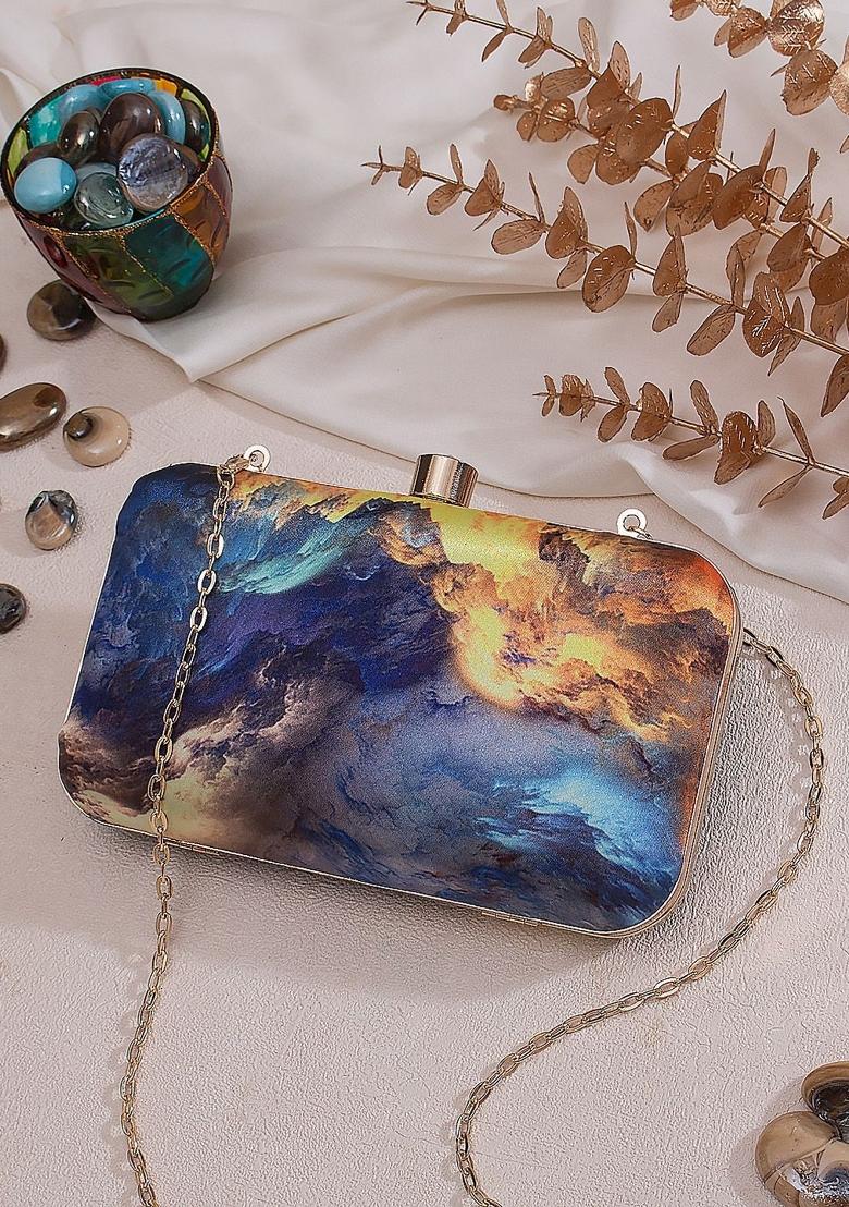 Women Blue Yellow Printed Fabric Box Clutch
