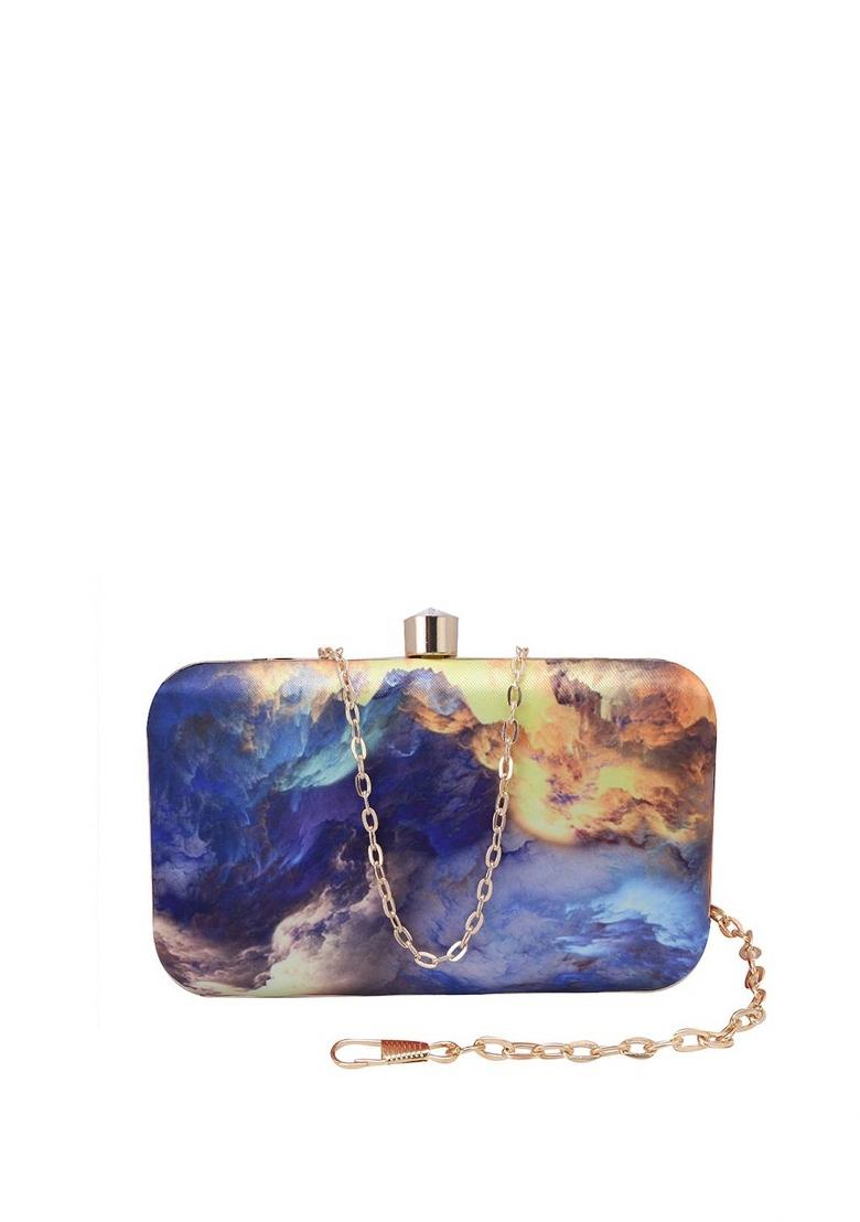 Women Blue Yellow Printed Fabric Box Clutch