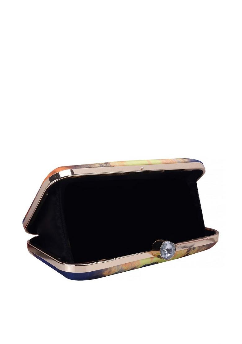 Women Blue Yellow Printed Fabric Box Clutch