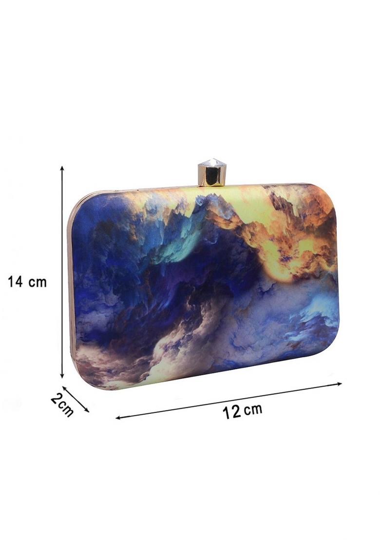 Women Blue Yellow Printed Fabric Box Clutch