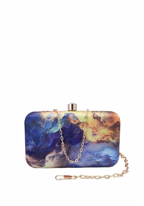 Women Blue Yellow Printed Fabric Box Clutch