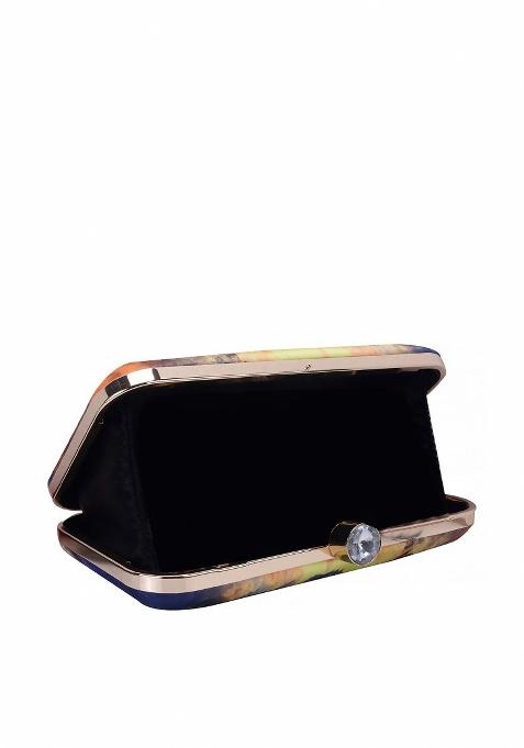 Women Blue Yellow Printed Fabric Box Clutch