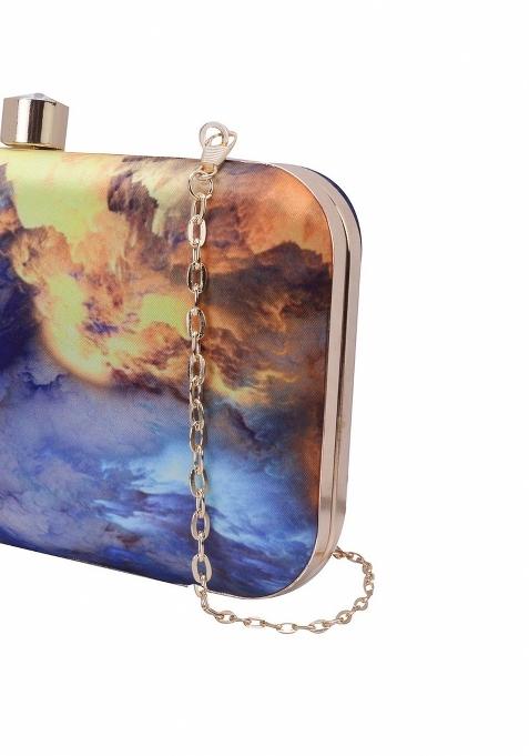 Women Blue Yellow Printed Fabric Box Clutch