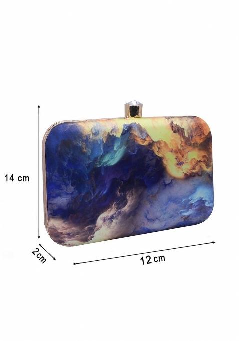 Women Blue Yellow Printed Fabric Box Clutch
