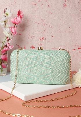 Green Gold Toned Printed Box Clutch