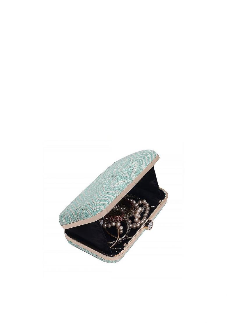 Green Gold Toned Printed Box Clutch - Indya