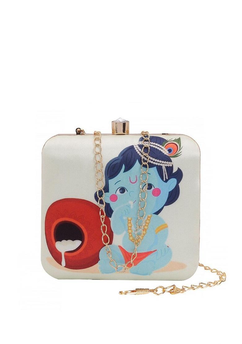 White Blue Printed Box Clutch With Shoulder Strap