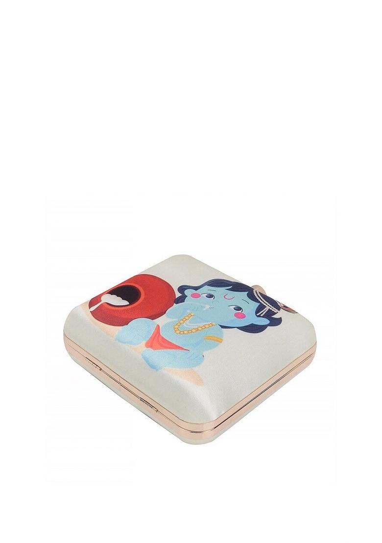 White Blue Printed Box Clutch With Shoulder Strap