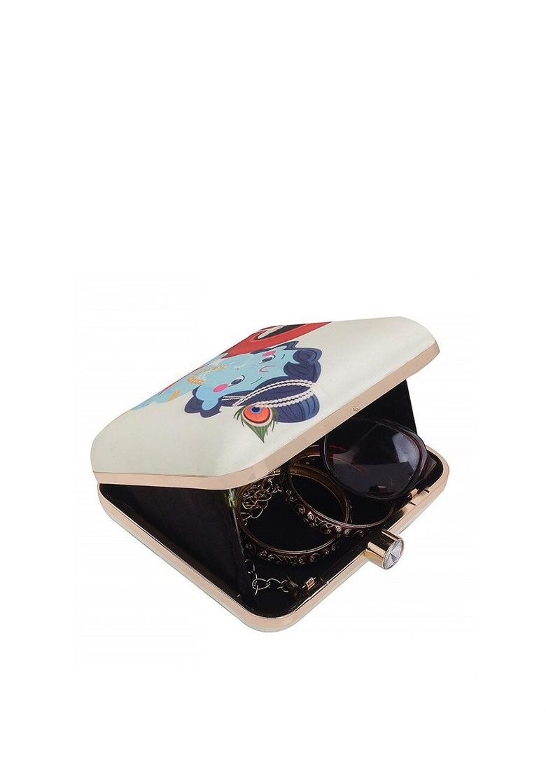 White Blue Printed Box Clutch With Shoulder Strap