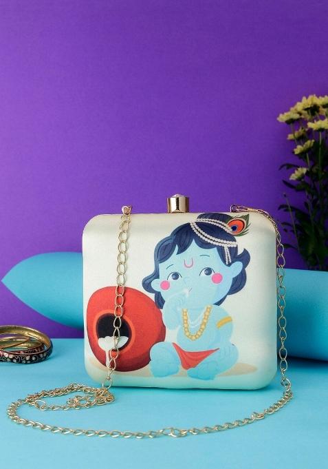 White Blue Printed Box Clutch With Shoulder Strap