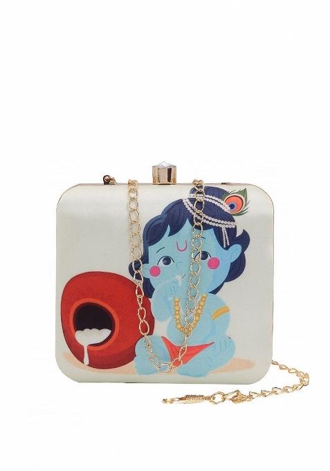 White Blue Printed Box Clutch With Shoulder Strap