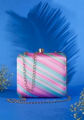 Pink Green Printed Box Clutch