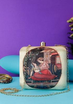 Beige Red Printed Box Clutch