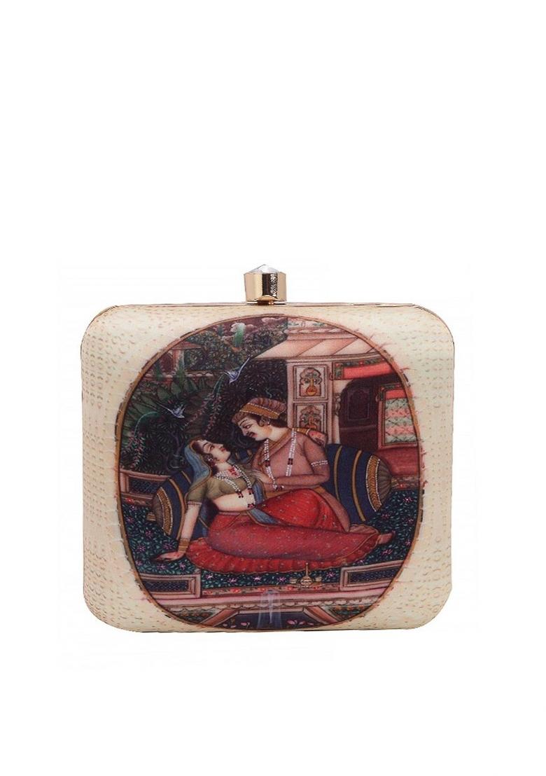 Beige Red Printed Box Clutch - Indya