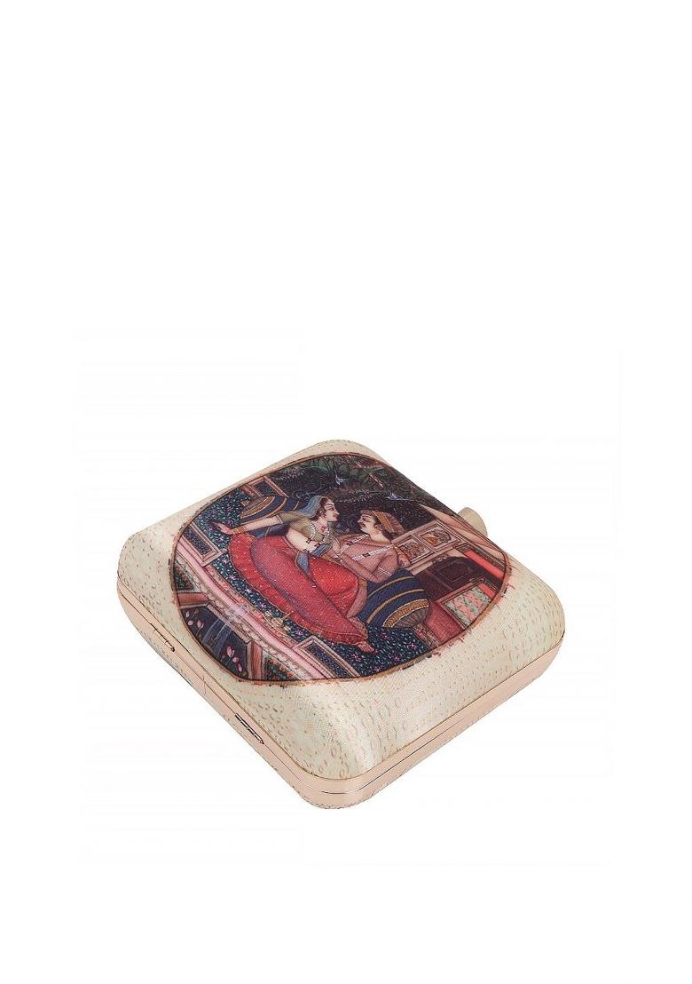 Beige Red Printed Box Clutch - Indya