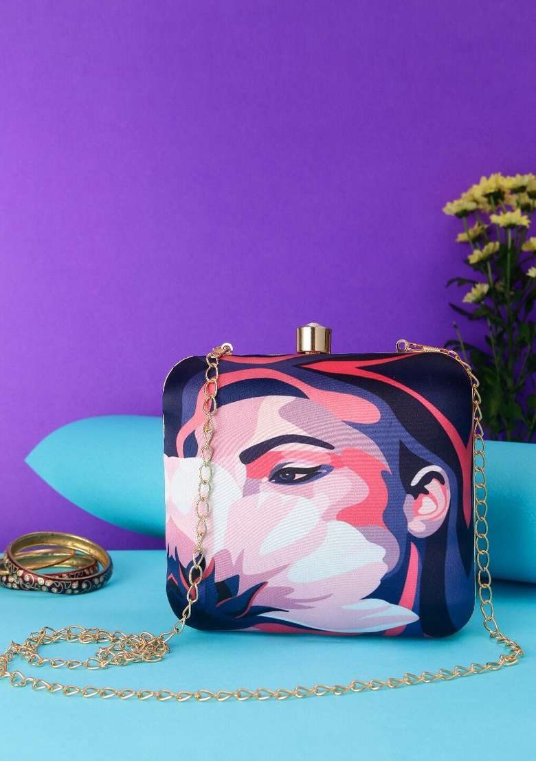 Blue Pink Printed Box Clutch - Indya