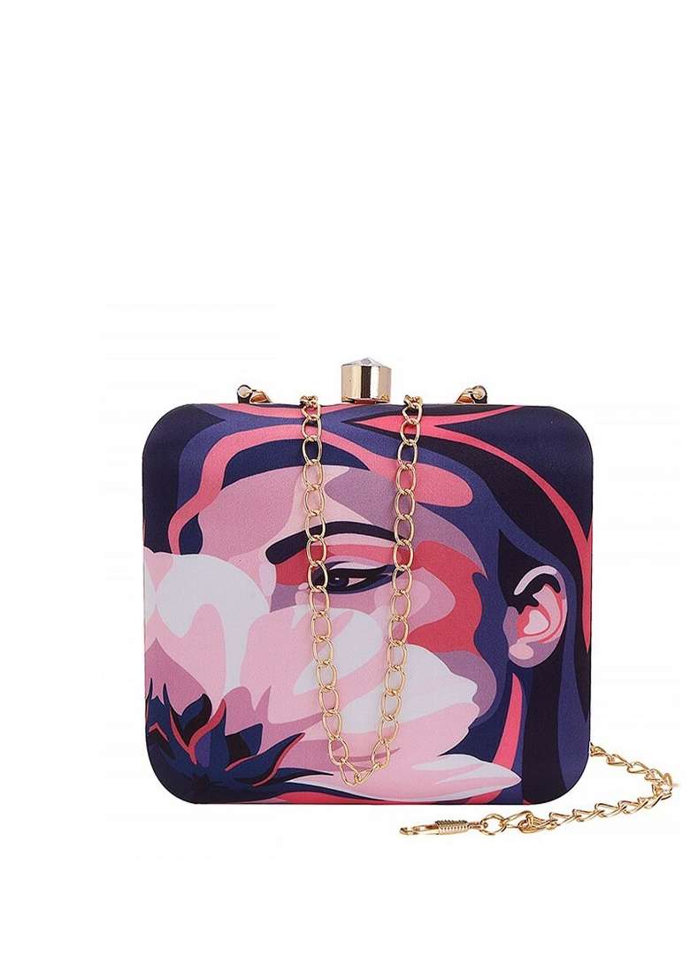 Blue Pink Printed Box Clutch - Indya