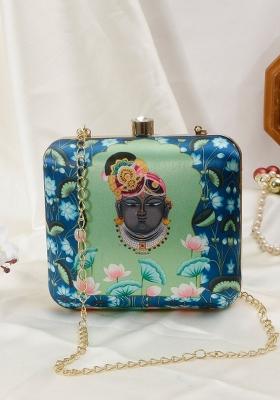 Women Blue Green Printed Box Clutch