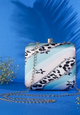 Women Blue Black Printed Fabric Box Clutch