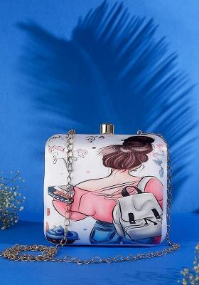 Women White Pink Printed Box Clutch