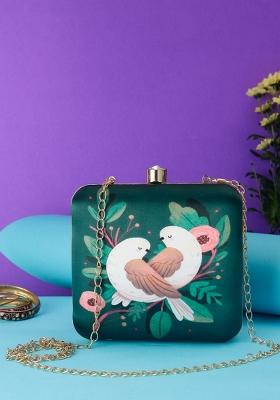 Green White Printed Box Clutch