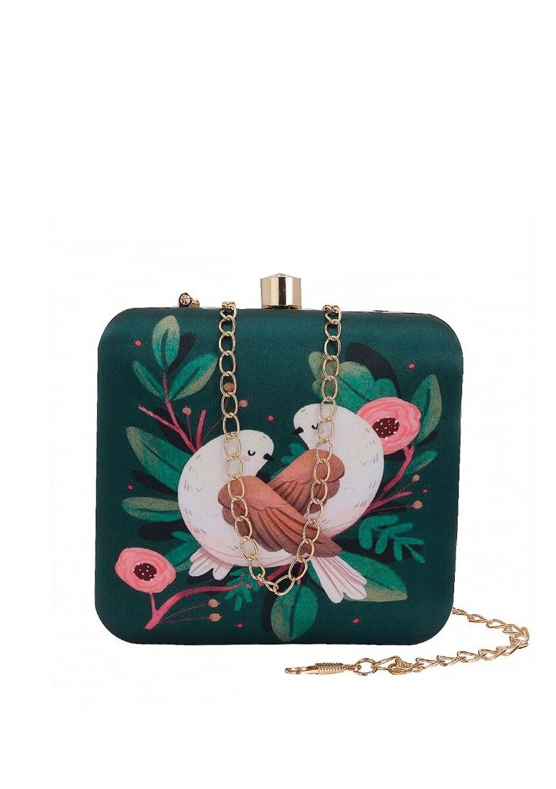 Green White Printed Box Clutch