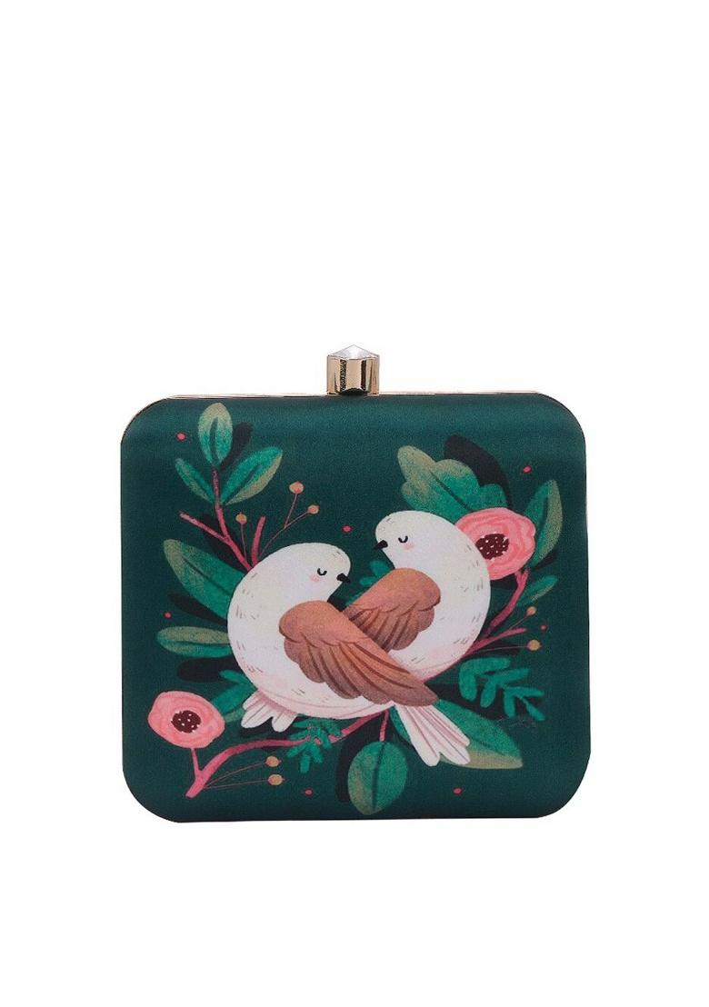 Green White Printed Box Clutch
