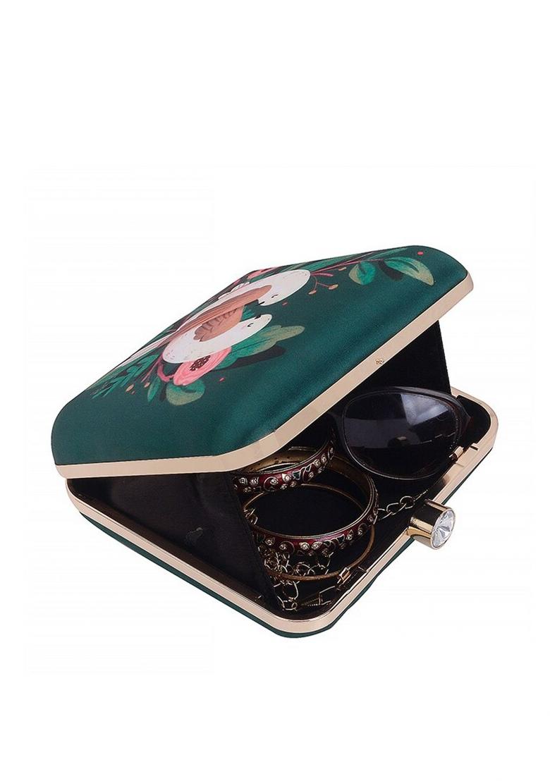 Green White Printed Box Clutch