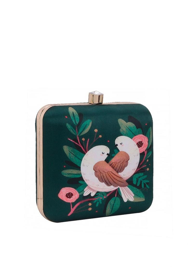 Green White Printed Box Clutch